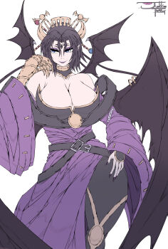 1girl breasts cleavage collarbone demon_girl demon_horns demon_wings digimon digimon_(creature) dress eyeshadow horns huge_breasts junkk_factory lilithmon lipstick makeup multiple_wings smile wings