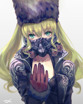 1girl black_hat black_jacket blonde_hair breasts code_vein covered_mouth csyday female_focus fur-trimmed_sleeves fur_hat fur_trim gas_mask gloves green_eyes grey_background hat jacket long_hair long_sleeves looking_at_viewer mask mia_karnstein red_gloves respirator solo twintails upper_body