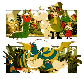 2boys 2girls ^_^ apple black_gloves black_pants blush boots boris_the_dragon bush caterpillar cheek_press closed_eyes coat crossover dappled_sunlight day dragon eating flower flower_bush food forest fruit furrowed_brow genre_connection glaring gloves green_coat green_hat hat high_ponytail holding holding_food holding_fruit little_my long_sleeves looking_at_animal moomin moomintroll multiple_boys multiple_girls multiple_views my_father&#039;s_dragon nature newo_(shinra-p) outdoors pants pointy_hat ponytail red_coat red_eyes red_flower red_hair scared scarf snork_maiden snufkin striped_skin sunlight the_very_hungry_caterpillar the_very_hungry_caterpillar_(character) white_flower wide-eyed yellow_scarf