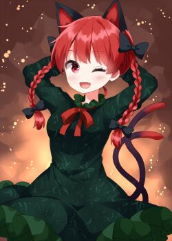 Rule 34 | 1girl, animal ears, arms up, blush, bow, braid, breasts, cat ears, cat tail, commentary, dress, extra ears, fang, frilled dress, frills, green dress, hair bow, highres, kaenbyou rin, long sleeves, medium breasts, multiple tails, nekomata, one eye closed, open mouth, red hair, ruu (tksymkw), smile, solo, tail, touhou, twin braids, two tails