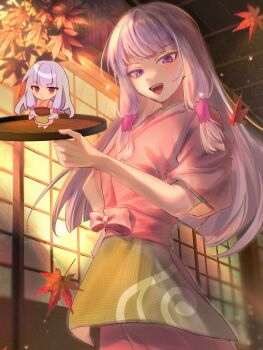 Rule 34 | 1girl, absurdres, agria (tales), agria (waitress) (tales), autumn leaves, chibi, commission, freckles, hair rings, highres, holding, holding tray, japanese clothes, kimono, leaf, long hair, low-tied sidelocks, moeg 1, nakai (waitress), official alternate costume, open mouth, purple kimono, sidelocks, smile, tales of (series), tales of asteria, tales of xillia, tray, white hair, yukata