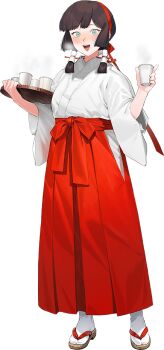 1girl black_hair breasts cup dress green_eyes holding holding_cup holding_tray japanese_clothes kantai_collection looking_at_viewer mogador_(kancolle) official_art sandals small_breasts smile transparent_background tray twintails umihara_sakana