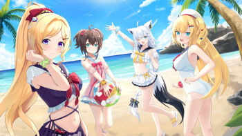 Rule 34 | 1girl, absurdres, ahoge, akai haato, akai haato (holonatsu paradise), aki rosenthal, aki rosenthal (holonatsu paradise), amano kusatsu, animal ears, aqua eyes, ball, beach, bikini, blonde hair, blue sailor collar, blush, bow, bracelet, braid, breasts, brown hair, fox ears, fox girl, fox tail, frills, hair between eyes, hair ornament, highres, holding, hololive, jewelry, long hair, looking at viewer, multicolored hair, multiple girls, natsuiro matsuri, natsuiro matsuri (holonatsu paradise), navel, official alternate costume, official alternate hairstyle, open mouth, outdoors, ponytail, purple eyes, sailor collar, sandals, scrunchie, shirakami fubuki, shirakami fubuki (holonatsu paradise), short twintails, smile, streaked hair, swimsuit, tail, teeth, twintails, two side up, virtual youtuber, white bikini, white hair, wrist scrunchie