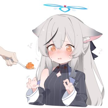 1girl animal_ear_fluff animal_ears black_dress black_jacket black_ribbon black_streaks blue_archive blue_halo blush breasts brown_eyes china_dress chinese_clothes clothing_cutout collarbone commentary diamond_cutout disembodied_hand dot_nose double-parted_bangs dress flying_sweatdrops full-face_blush grey_hair hair_between_eyes hair_ribbon halo hands_up highres holding holding_spoon jacket kokona_(blue_archive) long_hair long_sleeves looking_at_object multicolored_hair multicolored_halo nervous no_pupils open_mouth raised_inner_eyebrows red_halo ribbon sidelocks simple_background single_bare_shoulder single_off_shoulder sleeveless small_breasts solo spoon streaked_hair striped_clothes striped_dress striped_jacket tearing_up tears tiger_ears tiger_girl tntl_nemui two-tone_hair upper_body vertical-striped_clothes vertical-striped_dress vertical-striped_jacket very_long_hair wavy_eyes wavy_mouth white_background