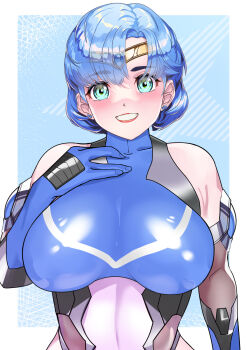 1girl arion_canvas bishoujo_senshi_sailor_moon blue_eyes blue_hair blush breasts highres large_breasts looking_at_viewer mizuno_ami short_hair smile solo taimanin_(series) taimanin_suit