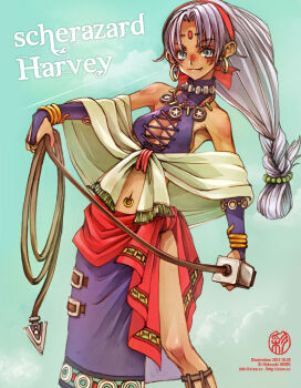 1girl bare_shoulders bindi blue_eyes blush bracelet breasts character_name cleavage cleavage_cutout clothing_cutout crop_top cross-laced_clothes cross-laced_cutout cross-laced_top curtained_hair dark-skinned_female dark_skin earrings eiyuu_densetsu facial_mark fang fang_out forehead_mark gloves gold_bracelet grey_hair holding holding_whip hoop_earrings jewelry large_breasts long_hair looking_at_viewer low-tied_long_hair navel navel_piercing necklace nose_blush parted_bangs piercing purple_gloves purple_sarong purple_skirt red_sash sarong sash scherazard_harvey side_slit skirt smile solo sora_no_kiseki standing whip white_hair xioncc