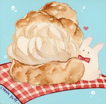 Rule 34 | acrylic gouache (medium), blue background, cream puff, food, food focus, heart, no humans, original, painting (medium), rabbit, traditional media, undersized animal, watercolor (medium), yuuki hana (jtnp5334)