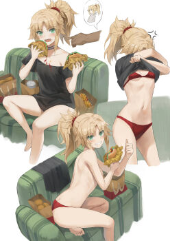 1girl 1other anger_vein bag black_shirt blonde_hair bra breasts burger commentary_request fang fate/apocrypha fate_(series) food french_fries green_eyes grin highres holding holding_burger holding_food logo_parody mordred_(fate) multiple_views navel off-shoulder_shirt off_shoulder open_mouth panties paper_bag ponytail red_bra red_panties shirt short_hair sitting small_breasts smile stomach tonee topless_female underwear undressing white_background