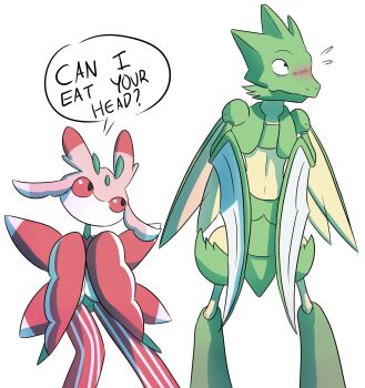black_eyes blush colored_sclera english_text flying_sweatdrops gen_1_pokemon gen_7_pokemon highres looking_away lurantis mantis nintendo pokemon pokemon_(creature) praying_mantis red_sclera scyther