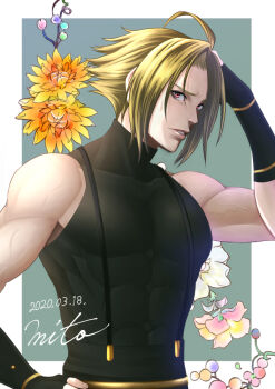 Rule 34 | 1boy, adelheid bernstein, amatsu mito, black gloves, blonde hair, commentary, covered abs, dated, fingerless gloves, flower, gloves, hand on own head, hand on own hip, male focus, muscular, muscular male, pectorals, profile, red eyes, signature, sleeveless, sleeveless turtleneck, solo, the king of fighters, turtleneck, upper body, veins
