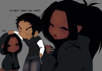 1boy 1girl dark-skinned_female dark-skinned_male dark_skin eyelashes face_piercing grey_background hair_ribbon highres husband_and_wife nose_piercing nose_ring piercing pointy_ears ribbon thick_lips yaoiflavornyena