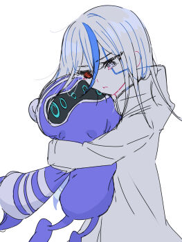 1girl 201_(yield) aged_down blue_streaks commentary facial_mark heterochromia highres hugging_doll hugging_object jacket long_hair multicolored_hair pout purple_eyes raincoat red_eyes school_invader_(hundred_line) solo streaked_hair stuffed_toy symbol-only_commentary the_hundred_line_-last_defense_academy- v&#039;ehxness white_background white_hair white_jacket white_raincoat