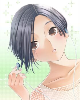 1girl asymmetrical_bangs black_hair blush bob_cut brown_eyes collarbone commentary_request earphones fishnet_top fishnets forehead gradient_background green_background hair_over_one_eye hand_up highres holding holding_earphones kobayakawa_rinko love_plus official_art parted_bangs parted_lips pink_lips pink_nails plus_sign portrait short_hair sideways_glance single_earphone_removed solo tank_top white_background white_tank_top