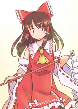 1girl apron ascot bare_shoulders bow brown_hair commentary_request detached_sleeves feet_out_of_frame frilled_apron frilled_bow frilled_hair_tubes frilled_shirt_collar frills gohei hair_bow hair_tubes hakurei_reimu holding holding_gohei light_blush long_hair parted_lips rangycrow red_apron red_bow red_skirt skirt solo touhou white_bow yellow_ascot |_|
