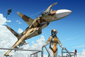 1boy 1girl ace_combat ace_combat_7 adf-11f_raven air-to-air_missile aircraft airplane alarm_siren belt_buckle blonde_hair blue_eyes blue_sky bodysuit breasts buckle canopy_(aircraft) claw_mark cloud cockpit commentary_request contrail fighter_jet gloves hand_on_railing helmet henshako highres korean_commentary medium_breasts military_vehicle missile multicolored_bodysuit open_mouth orange_bodysuit osean_flag outdoors parachute pilot_helmet r-73_vympel r-77_vympel railing rosa_cossette_d&#039;elise roundel sin_lines sky smoke smoke_trail su-37 trigger_(ace_combat) two-tone_bodysuit unit_patch unmanned_aerial_vehicle white_bodysuit white_gloves