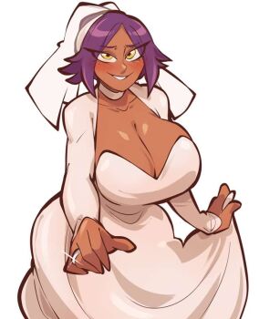 bleach blush bridal_veil choker collarbone dark-skinned_female dark_skin dress hair_bun jewelry large_penis looking_at_viewer penis purple_hair ring saucymojo shihouin_yoruichi shiny_skin simple_background veil wedding_dress wedding_ring white_background yellow_eyes