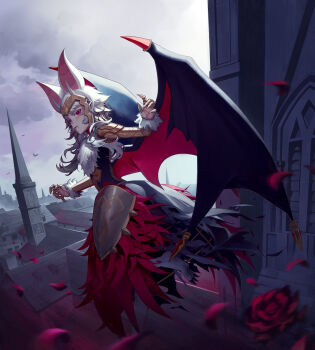1girl absurdres alternate_form animal_ears bat_ears bat_girl bat_wings blurry blurry_foreground cloud cloudy_sky commentary_request dark_persona fangs fangs_out fire_emblem fire_emblem_heroes fire_emblem_shadows flower headpiece highres imageprogram_(kent) nintendo official_alternate_costume official_alternate_hairstyle outdoors petals purple_eyes red_flower red_rose rose rose_petals sky solo veronica_(fire_emblem) veronica_(reticent_one)_(fire_emblem) white_hair wings