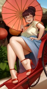 1girl :d absurdres blue_skirt blue_sky blunt_bangs breasts brown_hair commentary commission day earrings english_commentary feet full_body hair_bun half-closed_eye hand_on_own_hip high_heel_sandals high_heels highres holding holding_umbrella jewelry kairunoburogu lantern lapels large_breasts looking_at_viewer notched_lapels oil-paper_umbrella one_eye_closed open_mouth original outdoors paper_lantern parasol pearl_earrings red_sandals red_umbrella rickshaw sandals shirt short_sleeves sidelocks single_hair_bun sitting skirt sky smile solo teeth thighs toeless_footwear toes umbrella upper_teeth_only white_shirt