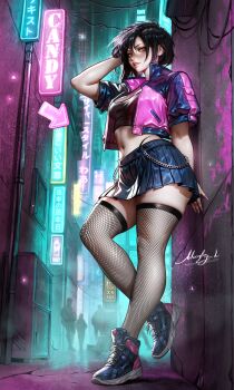 Rule 34 | 1girl, 4others, absurdres, alley, black hair, black tank top, black thighhighs, breasts, brown eyes, commission, cropped jacket, fishnet thighhighs, fishnets, highleg, highleg panties, highres, jacket, lips, medium breasts, midriff, moonlen-jack, multiple others, navel, open clothes, open jacket, original, panties, pleated skirt, shiny clothes, sign, signature, silhouette, skirt, tank top, thighhighs, underwear, watermark, web address