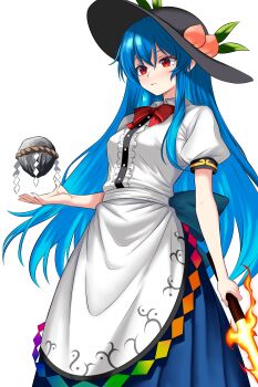 1girl absurdres apron black_hat blue_hair blue_skirt bow bowtie breasts collared_shirt commentary_request cowboy_shot fruit_hat_ornament hat hat_ornament highres hinanawi_tenshi holding holding_sword holding_weapon kaname-ishi leaf_hat_ornament long_hair long_skirt looking_afar medium_breasts peach_hat_ornament puffy_short_sleeves puffy_sleeves rainbow_order red_bow red_bowtie red_eyes rope shimenawa shirt short_sleeves shu_er_shu_san_de_shao_ge simple_background skirt solo sword sword_of_hisou touhou very_long_hair waist_apron weapon white_background white_shirt