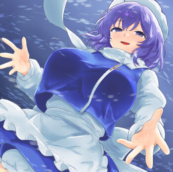 1girl apron breasts commentary_request hat highres hinben lapel_pin large_breasts letty_whiterock long_sleeves looking_at_viewer open_mouth purple_hair scarf short_hair smile snow snowing solo touhou white_apron white_hat white_scarf