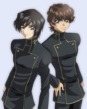 2boys black_hair brown_hair code_geass green_eyes gundam gundam_seed highres hirai_hisashi_(style) kururugi_suzaku lelouch_vi_britannia male_focus multiple_boys parody purple_eyes school_uniform short_hair simple_background yamabuki_tt