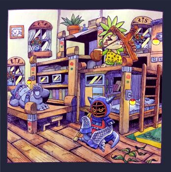 >_o aiming animal_print armor bear_boy bearmon bedroom blue_tail body_fur bougu brown_gloves cameo claws closed_eyes crossed_legs digimon digimon_(creature) digimon_world_3 facial_mark fake_horns fangs fangs_out gloves green_fur grey_fur helmet holding holding_slingshot holding_sword holding_weapon horned_helmet horns in-universe_location indoors kendo_mask koemon kotemon leopard_print loincloth lying monitor monkey on_back one_eye_closed painting_(medium) plant potted_plant shinai shoulder_armor shoulder_strap sleeping sleeping_upright sleeves_past_fingers sleeves_past_wrists slingshot_(weapon) sword taragraphika terriermon topknot traditional_media u_u war_paint watercolor_(medium) weapon wooden_floor yellow_eyes