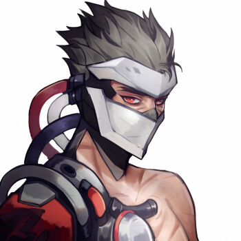 1boy armor bad_id bad_pixiv_id blackwatch_genji cable covered_face cyborg ez_1011 genji_(overwatch) grey_hair helmet looking_at_viewer male_focus mask mechanical_arms mouth_mask official_alternate_costume overwatch overwatch_1 plug red_eyes scar simple_background single_mechanical_arm solo spiked_hair white_background