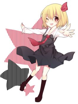 Rule 34 | 1girl, ;d, bad feet, bad id, black dress, black socks, blonde hair, collared shirt, dress, embodiment of scarlet devil, female focus, flat chest, hair between eyes, hair ribbon, kneehighs, long sleeves, looking at viewer, nayuta (artist), nayuta (scarlet-noize), necktie, no shoes, one eye closed, open mouth, outstretched arms, red eyes, red necktie, red ribbon, ribbon, rumia, shirt, short hair, smile, socks, solo, star (symbol), star symbol background, touhou, white background, white shirt