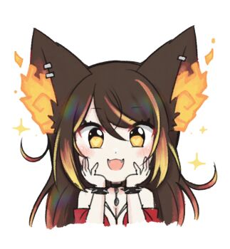 Rule 34 | 1girl, :d, animal ear piercing, animal ears, bracelet, breasts, brown hair, cleavage, collar, costume request, facing viewer, fangs, fiery ears, fire, hair between eyes, hands on own cheeks, hands on own face, highres, indie virtual youtuber, jewelry, light blush, long hair, multicolored hair, open mouth, orange fire, simple background, sinder (vtuber), sinder (old design) (vtuber), smile, sparkle, spiked bracelet, spikes, streaked hair, swept bangs, thick eyelashes, virtual youtuber, white background, wolf ears, wolf girl, wolfychu (artist), yellow eyes