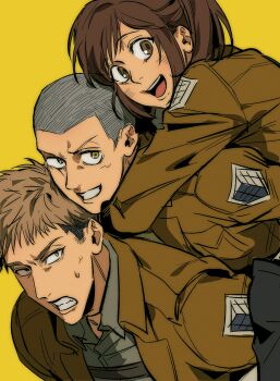Rule 34 | 1girl, 2boys, 5454 sao, arms around neck, brown hair, brown jacket, clenched teeth, collared shirt, commentary request, connie springer, furrowed brow, grey hair, grey shirt, grin, highres, jacket, jean kirstein, korean commentary, long hair, military jacket, multiple boys, open mouth, paradis military uniform, parted lips, ponytail, sasha blouse, shingeki no kyojin, shirt, short hair, smile, survey corps (emblem), sweatdrop, teeth, upper body, very short hair, yellow background, yellow eyes