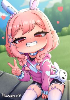 1girl animal_ears between_legs black_shirt black_shorts blue_sky blurry blurry_background blush collarbone day demon_girl dolphin_shorts dot_nose eyebrows_hidden_by_hair fake_animal_ears feet_out_of_frame female_focus grin hand_between_legs hand_up hassylep heart hood hood_up hoodie indie_virtual_youtuber loli long_sleeves looking_at_viewer medium_hair outdoors pink_hair pink_hoodie pink_thighhighs pointy_ears rabbit_ears red_eyes shirt short_hair shorts sitting sky smile solo teeth thighhighs v virtual_youtuber yanagi_mimi