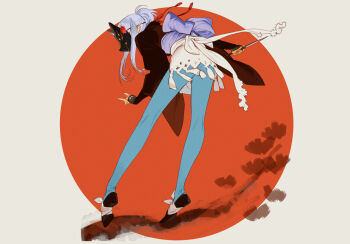 1girl ass back_bow bandages bent_over blue_pantyhose bow fox_mask fox_shadow_puppet from_behind grey_hair highres holding holding_knife japanese_clothes knife long_hair long_sidelocks mask mohikan5 original pantyhose ponytail profile shoe_soles shoes sidelocks skirt solo tassel tiptoes upskirt wide_sleeves