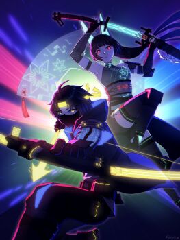 1boy 1girl ahoge alternate_costume animal_ears asaba_harumasa black_hair bow_(weapon) commentary cyberpunk english_commentary fox_ears fox_girl gloves glowing highres hood hoshimi_miyabi klaivre_p long_hair mask mouth_mask pants red_eyes ribbon sheath short_hair sword thighhighs unsheathing weapon yellow_eyes zenless_zone_zero