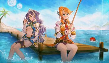 1boy 2girls adol_christin beach belt blue_eyes blue_hair blue_sky breasts cloud dana_iclucia day earrings fishing fishing_rod hair_bun hair_ornament holding holding_fishing_rod jewelry laxia_von_roswell leorlontyan long_hair medium_breasts midriff moon multiple_girls navel ocean orange_hair outdoors partially_submerged red_hair ribbon shorts single_hair_bun sitting sky smile soaking_feet swimsuit tree underboob water ys ys_viii:_lacrimosa_of_dana