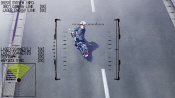 1girl belt belt_buckle blue_sailor_collar blue_skirt blue_socks bow brown_eyes brown_hair brown_shoes buckle chest_bow chuo_tanegashima_high_school_uniform cropped_shirt from_above fukuda_tomonori game_cg grey_shirt hair_between_eyes heads-up_display high-waist_skirt highres loafers looking_up miniskirt motor_vehicle non-web_source official_art on_scooter open_mouth pleated_skirt pov red_bow riding_scooter road robotics;notes sailor_collar school_uniform science_adventure scooter senomiya_akiho shirt shoes skirt socks solo user_interface winter_uniform