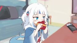 1girl animated audible_speech blue_eyes blunt_bangs box child dudul english_audio gawr_gura happy happy_valentine heart-shaped_box hololive hololive_english incoming_gift indoors japanese_text laughing looking_at_viewer pov prank shark_girl sitting smile sound tail trash valentine valentine_chocolate video virtual_youtuber white_hair