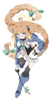 1girl absurdres ahoge black_gloves black_leotard blue_archive blue_eyes blue_shrug braid braided_twintails breasts commentary_request full_body fuyubone glasses gloves half_gloves halo halter_leotard halterneck highres holding holding_riding_crop large_breasts leotard long_hair looking_at_viewer low_twin_braids official_alternate_costume orange_hair riding_crop shimiko_(blue_archive) shimiko_(magical)_(blue_archive) shrug_(clothing) simple_background solo twin_braids white_background yellow_halo