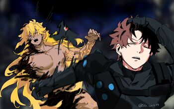 2boys armor blonde_hair brown_hair fate/grand_order fate_(series) fujimaru_ritsuka_(male) fujimaru_ritsuka_(male)_(seven_heaven_mystic_code) goetia_(fate) king_of_men_goetia_(fate) meme multiple_boys naoya_hitting_choso_without_looking_(meme) ss_un17