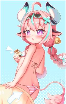 1girl absurdres aged_down ahoge akimiya_yamiku animal_ears bell bikini blue_background blue_hair blush braid breasts cow_ears cow_girl cow_horns cow_tail cowboy_shot ear_bell genshin_impact hair_intakes hair_ornament highres holding holding_jar horns innertube jar long_hair looking_at_viewer multicolored_hair open_mouth pink_hair purple_eyes simple_background small_breasts solo streaked_hair string_bikini striped_bikini striped_clothes swim_ring swimsuit tail twin_braids varesa_(genshin_impact) x_hair_ornament