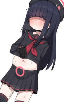 1girl beret black_choker black_hair black_hat black_sailor_collar black_serafuku black_skirt black_thighhighs blue_archive choker cowboy_shot halo hat highres justice_task_force_member_(blue_archive) lakilolom loli long_hair long_sleeves navel neckerchief pleated_skirt pregnancy_halo pregnant red_halo red_neckerchief sailor_collar school_uniform serafuku simple_background skirt solo thighhighs white_background