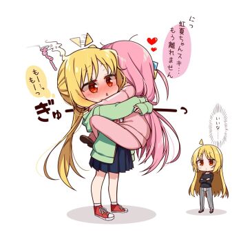 ! !! 3girls ahoge ahoge_wag black_pants black_shirt black_skirt blonde_hair blush bocchi_the_rock! bra_strap brown_shoes chibi chibi_only chika_(06chimika13) closed_mouth commentary_request crossed_arms cube_hair_ornament expressive_hair gotoh_hitori green_jacket hair_ornament heart hood hood_down hooded_jacket ijichi_nijika ijichi_seika jacket loafers long_hair long_sleeves multicolored_pants multiple_girls open_clothes open_jacket pants parted_lips pink_hair pink_jacket pink_pants pink_track_suit red_eyes red_shoes shirt shoes side_ponytail simple_background skirt sneakers socks speech_bubble spoken_exclamation_mark striped_clothes striped_pants thought_bubble track_jacket track_pants track_suit translation_request triangle_mouth two-tone_pants vertical-striped_clothes vertical-striped_pants white_background white_pants white_socks