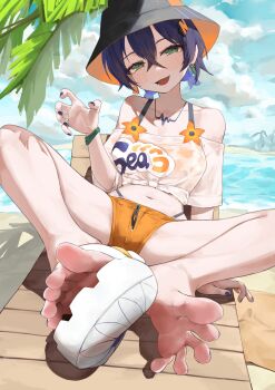1girl absurdres barefoot beach belle_(summer_skies)_(zenless_zone_zero) belle_(zenless_zone_zero) blue_hair blush feet green_eyes hat highres looking_at_viewer medium_hair open_mouth oshino_yeye shoes single_shoe soles toes zenless_zone_zero
