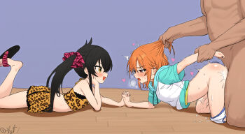 1boy 2girls age_difference animal_print arched_back doggystyle father_and_daughter flatculture from_side grabbing_another&#039;s_arm grabbing_another&#039;s_hair hair_ornament hand_on_own_face highres holding_another&#039;s_hair holding_hands hood hoodie idolmaster idolmaster_cinderella_girls idolmaster_cinderella_girls_u149 incest loli lying matoba_risa multiple_girls on_floor on_stomach panties panties_around_leg parent_and_child rape revision sex sex_from_behind textless_version twintails underwear yuuki_haru