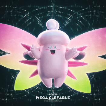 Rule 34 | 3d, :d, artist name, blush, blush stickers, character name, cinema 4d (medium), clefable, commentary request, gen 1 pokemon, highres, mega clefable, mega pokemon, nintendo, open mouth, pokedex number, pokemon, pokemon (creature), pokemon focus, serebii (artist), smile, solo, straight-on, wings