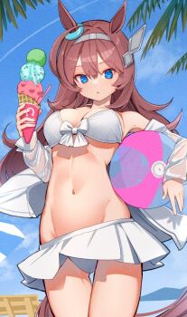 Rule 34 | 1girl, :o, ahoge, alternate costume, animal ears, ball, bare shoulders, beachball, bikini, blue eyes, bow, breasts, brown hair, commentary, cowboy shot, ear ornament, food, hair between eyes, hairband, holding, holding ball, holding beachball, holding food, holding ice cream, horse ears, horse girl, ice cream, jacket, large breasts, long hair, long sleeves, looking at viewer, microskirt, mihono bourbon (umamusume), navel, off shoulder, open mouth, palm tree, parted lips, pleated skirt, sidelocks, skirt, sky, solo, swimsuit, tree, umamusume, umbrella, white bikini, white bow, white jacket, white skirt, yomean!