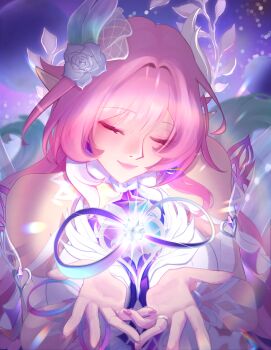 1girl amphoreus_(honkai:_star_rail) aqua_hair bare_shoulders breasts commentary cyrene_(honkai:_star_rail) cyrene_(ripples_of_past_reverie)_(honkai:_star_rail) dress flower hair_flower hair_ornament halo highres honkai:_star_rail honkai_(series) kuaraya large_breasts long_hair mobius_strip multicolored_hair pink_hair pointy_ears smile solo very_long_hair white_dress white_hair