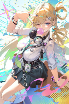 1girl absurdres aqua_necktie black_nails black_skirt blonde_hair blue_eyes bracelet braid braided_bangs breasts chinese_commentary cleavage closed_mouth commentary_request desk earrings hair_between_eyes hair_ornament hand_up headphones headphones_around_neck highres id_card jacket jewelry long_hair looking_at_viewer lynae_(wuthering_waves) medium_breasts nail_polish necktie on_desk one_eye_closed partial_commentary school_desk shirt_tucked_in sitting skirt skull_hair_ornament smile solo star_(symbol) star_earrings w wang_man white_jacket wuthering_waves