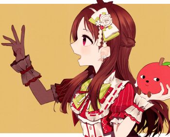1girl :d apple black_wrist_cuffs bow bowtie braid brown_hair cropped_jacket earrings flower flower_earrings food frilled_sleeves frilled_wrist_cuffs frills from_side fruit gloved_sleeves gloves green_bow green_bowtie hair_bow half_up_braid highres holding idolmaster idolmaster_cinderella_girls idolmaster_cinderella_girls_starlight_stage jacket jewelry letterboxed long_hair open_clothes open_jacket open_mouth pinstripe_sleeves profile puffy_short_sleeves puffy_sleeves red_bow red_bowtie red_eyes red_jacket ribbon-trimmed_collar ribbon_trim shirt short_sleeves simple_background single_glove smile solo tsuchi_(sh_spica1) tsujino_akari upper_body white_bow white_flower white_shirt white_wrist_cuffs wrist_cuffs yellow_background