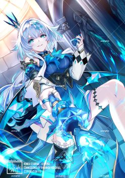 1girl absurdres blue_dress blue_eyes blue_hair breasts cerydra_(honkai:_star_rail) chess_piece commentary commission crossed_legs crown detached_sleeves dress english_commentary highres holding holding_chess_piece holding_scepter honkai:_star_rail honkai_(series) indoors long_hair looking_at_viewer medium_breasts scepter sitting solo statue very_long_hair whyte_srsn wings